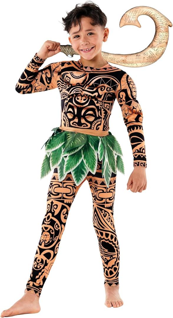 Morph Boy's Ocean Adventure Costume for Kids Hawaiian Printed Tattoos Costume for Boys Halloween Demi-God Costumes for Kids (7-9 Years)