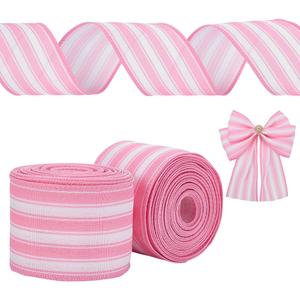 FINGERINSPIRE 2 Rolls Pink Burlap Striped Fabric Ribbon 2-1/2 inch Wide Striped Wired Edge Ribbon Farmhouse Fabric Ribbons for DIY Project/Gift Wrapping/Wreaths/Christmas Tree Decoration(5yards/roll)