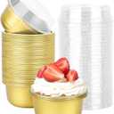 Beasea Aluminum Ramekins With Lids, 50 Pack 6.1oz 180ml Disposable Foil Aluminum Baking Cups Round Oven Baking Mini Cupcake Cups for Party - Gold
