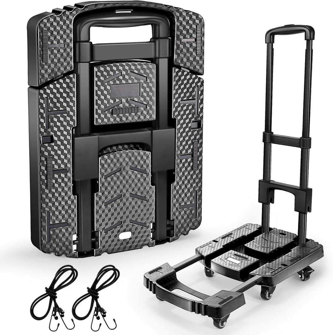 Folding Hand Truck 500lbs, Portable Heavy Duty Dolly Cart, 6 Wheels Collapsible Luggage Cart with 2 Elastic Ropes - Compact Trolley Cart for Easy Moving - Ideal Hand Cart for Travel and More (17, Black)