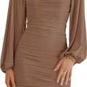 Imysty Womens Mesh Long Sleeve Square Neck Bodycon Ruched Party Cocktail Drawstring Mini Dress, 2 Pack (Small, Brown)