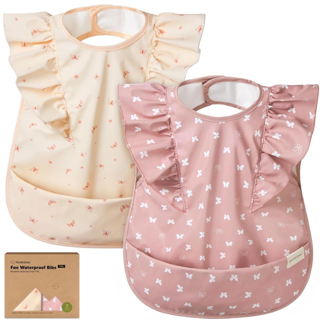 KeaBabies Waterproof Bibs for Baby Girl,Boy  2-Pack Lightweight, Large Baby Bibs for Eating, Wearable Food Catcher, 6-12 Months Infant Feeding Essentials, Smock for Toddlers 1-3, Kids (Butterflies) (Frills)