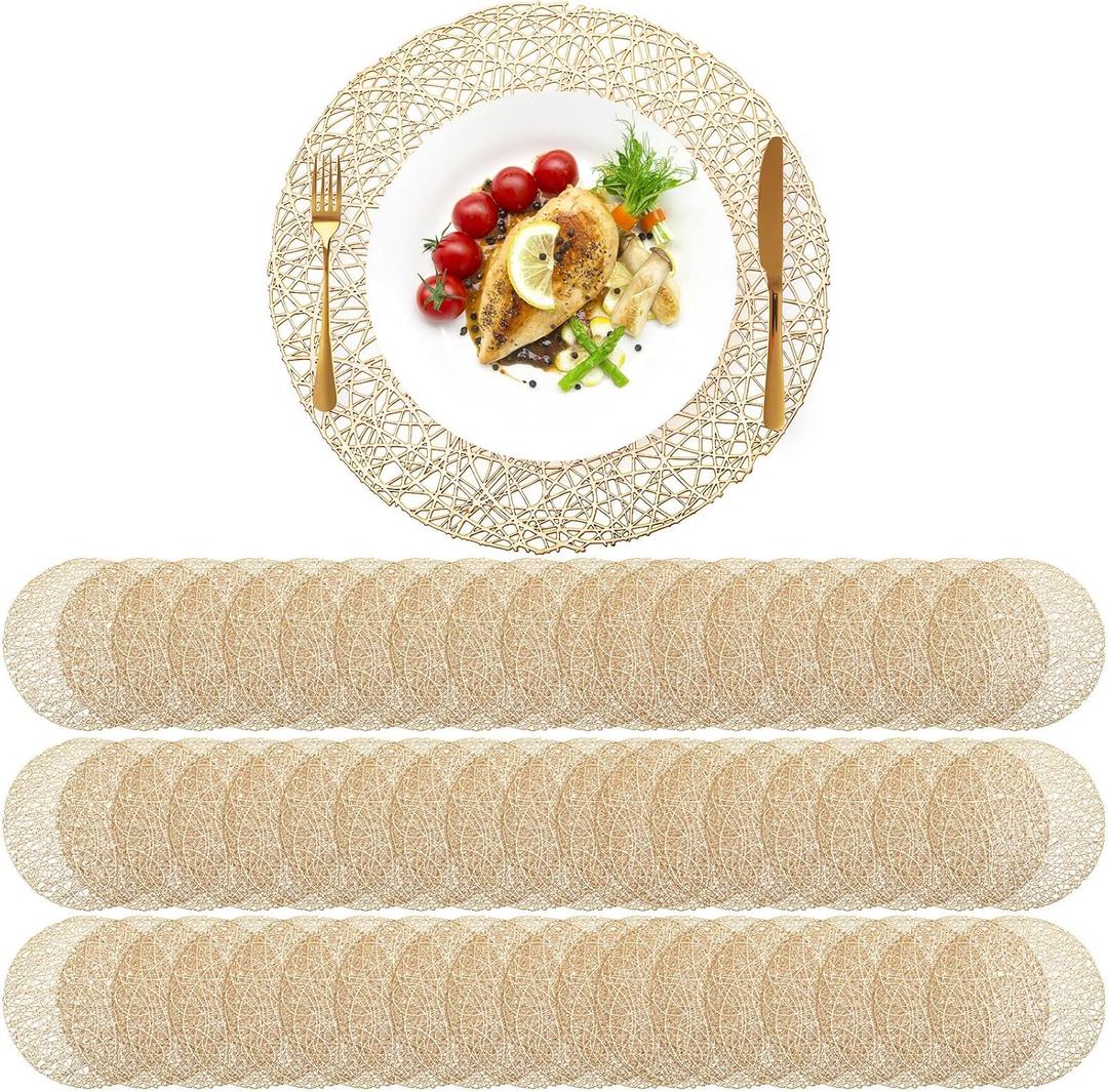 Sieral 60 Packs Gold Round Placemats 15 Inch Hollow Out Pressed Vinyl Place Mats Heat Resistant Woven Gold Placemats for Christmas Dinner Table Winter Holiday Party Wedding Centerpiece Decoration