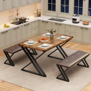 GAOMON Dining Table Set for 4, Kitchen Table with 2 Upholstered Benches, 3 Piece Dining Table Set for Small Space, Apartment, Saving Space for Kitchen, Dining Room (1.18'' Inch Cusion) (Vintage)