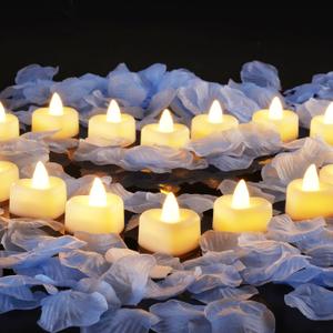 Homemory Rose Petals and Candles Set for Romantic Decorations Special Night, 2000 Pcs Blue Rose Petals with 24 Pcs LED Heart Candles Lights for Proposal, Anniversary, Birthday, Wedding Decor