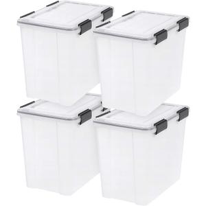 IRIS USA WeatherPro 32 Qt Storage Bins with Lids, 4 Pack, BPA-Free Plastic Gasket Box with Tight Latch and Seal, Stackable Nestable Tote Tub - Clear/ Black