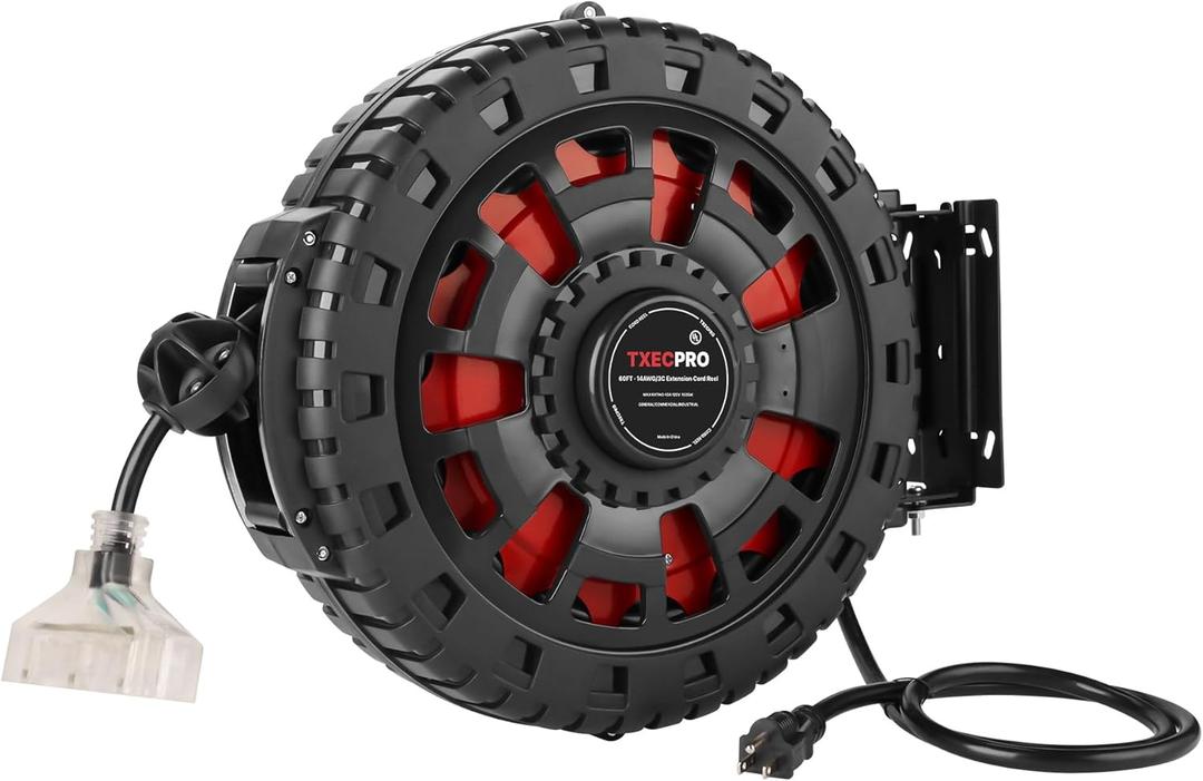 75FT Retractable Extension Cord Reel, 14AWG/3C SJTOW Heavy Duty Power Cord with Lighted Triple Tap Outlet, 13AMP, Swivel Removable Bracket for Wall/Ceiling Mount, UL Listed