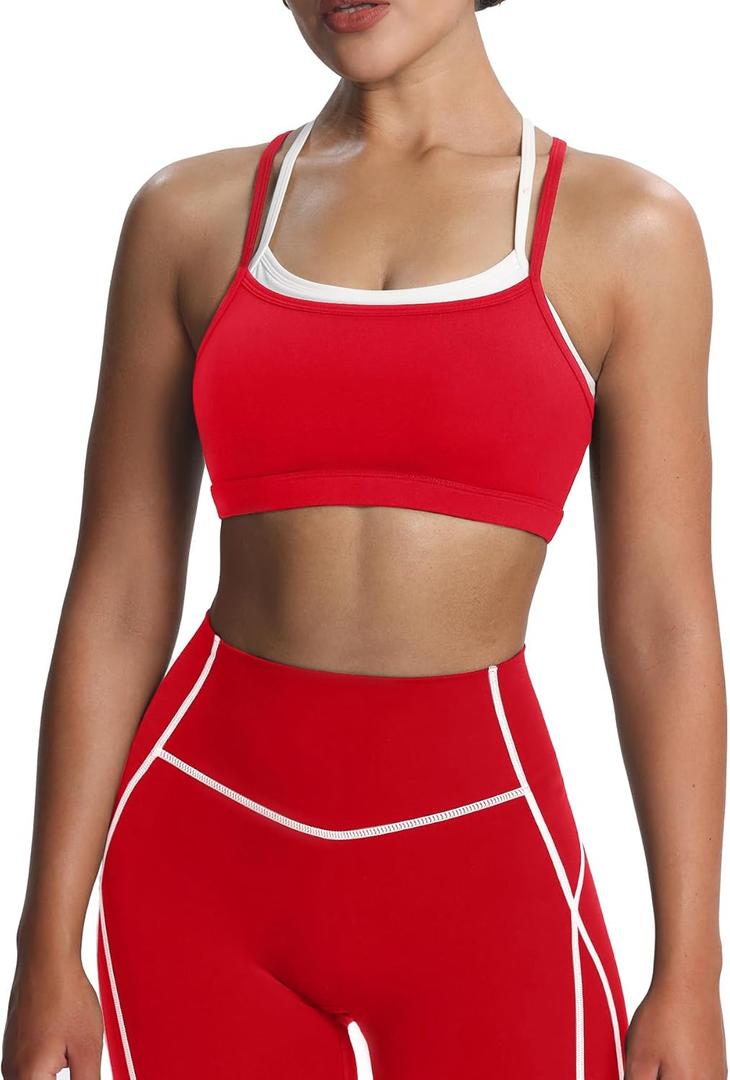 Aoxjox Women's Workout Sports Bras Takes Two Bra High Impact Training Fitness Running Yoga Crop Tank (Racing Red/White) XL