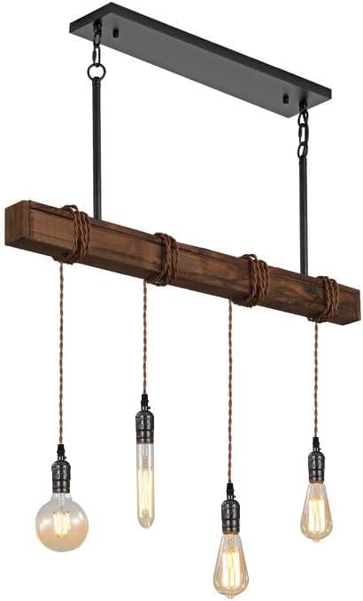 4 Light Farmhouse Kitchen Island Lighting,Rustic Chandelier for Dining Room Light,Industrial Wood Beam Light for Dining Table Kitchen Island Bar,Height Adjustable.
