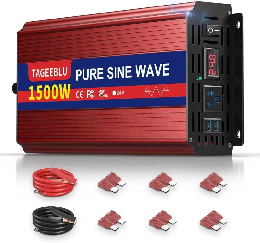 24V 1500W Pure Sine Wave Power Inverter 24V DC to 110V 120V AC for Vehicles | Inverter for Car with 2 AC Outlets and LCD Display, 3000W Peak, Car Converter for Solar, RV, Truck, Home, Off-Grid, Camping