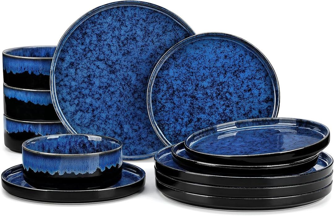vancasso Starry Plates and Bowls Sets,12 Pieces Blue Dinnerware Sets for Kitchen,Modern Stoneware Dishes Set for 4,Dishwasher and Microwave Safe