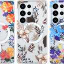 AIGOMARA Magnetic for Samsung Galaxy S25 Ultra Case [Compatible with MagSafe] Clear Floral Flower Pattern Design, Slim Anti-Yellowing Shockproof Phone Cover for Women Girls, Brown