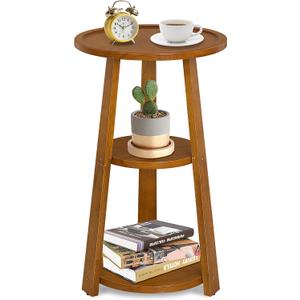 Small Round Side Table, Solid Wood 3-Tier End Table for Small Spaces, 13 Inch Compact Drink Table, Round Wood Side Table for Living Room & Bedroom, Amber Brown