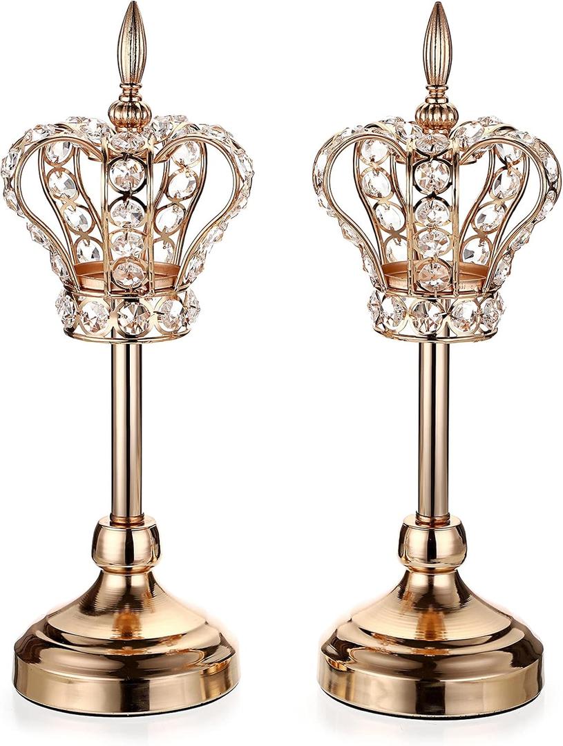 OwnMy 2PCS Crystal Crown Candlestick Holders Tea Light Holders Metal Tealight Candelabra, Gold Crystal Votive Candlesticks Set Elegant Candle Stick Holder Candle Centerpiece for Dining Table, 14" H (35CM)
