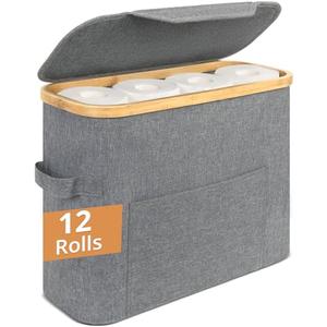 Toilet Paper Storage, Toilet Paper Basket with Lid and Pocket, Holds 9-12 Rolls, Grey