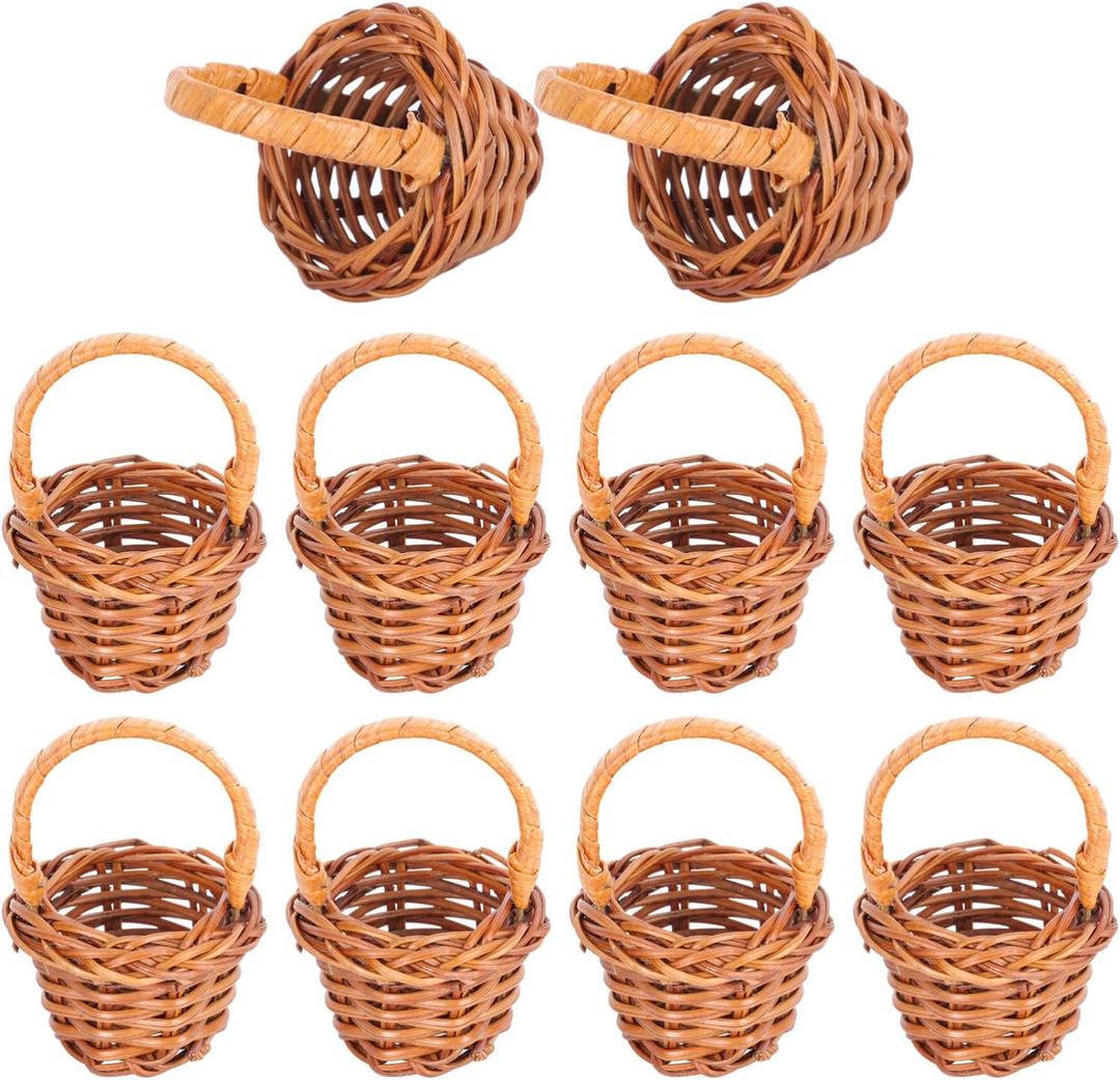 10Pcs Mini Woven Baskets with Handles Miniature Rattan Basket Tiny Wicker Flower Basket for Wedding Party Favors Candy Dollhouse Decor 6cm Coffee