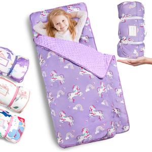 Primlect Thickened Toddler Nap Mat with Removable Pillow and Minky Blanket, Extra Large 55''x35'' Sleeping Bag, Washable, Roll up, Perfect for Daycare, Preschool, Kindergarten, Boys and Girls Purple