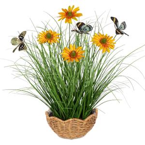 Artificial Plants Indoor with Pot, 17.3" Fake Potted Plants Artificial Onion Grass Plant with White Daisies Flowers and Butterflies Small Faux Plant Indoor for Home Living Room Table Shelf Decor