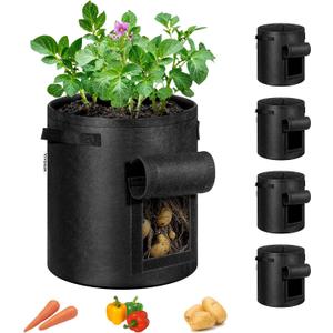 VIVOSUN 5-Pack 10 Gallon Potato Grow Bags for Growing Potatoes, Fabric Potato Pots with Handle and Roll-up Window, Potato Growing Containers Potato Planter Potato Planter for Growing Potatoes, Black