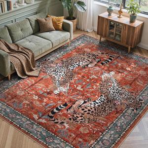 Moynesa Leopard Washable Rugs, 8x10 Area Rugs for Living Room, Soft Large Vintage 8x10 Bedroom Rug, Botanical Non Slip Ultra Thin Floor Carpet for Dining Room Home Office, Rust