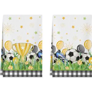 XCHI Plaid Soccer Flowers Trophy Balloons World Cup Dish Towels 18x26 Inch for Game Day Soccer Party Home Kitchen Decorations Hand Towels Set of 2 Drying Dishcloth
