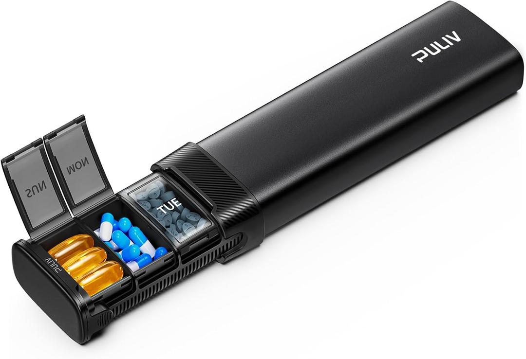 PULIV Metal Weekly Pill Organizer with Sturdy & Sleek Aluminum Alloy Case, Pill Case with Triple Protection Against Spilling, Compact Travel Pill Box 7 Day for Vitamins, Fish Oils, Supplements, Black