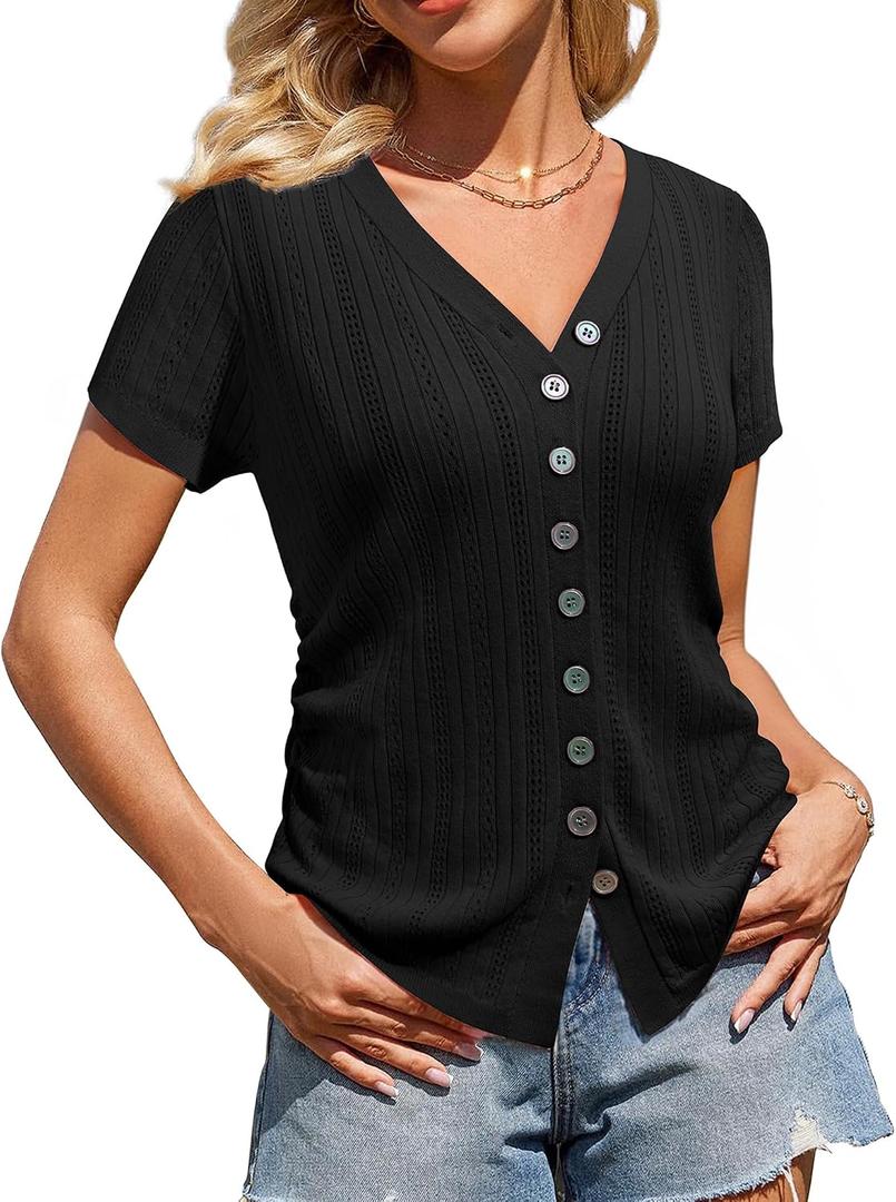 Messic Womens Short Sleeve Sweaters V Neck Casual Summer Knit Pullover Tops (Black, L)