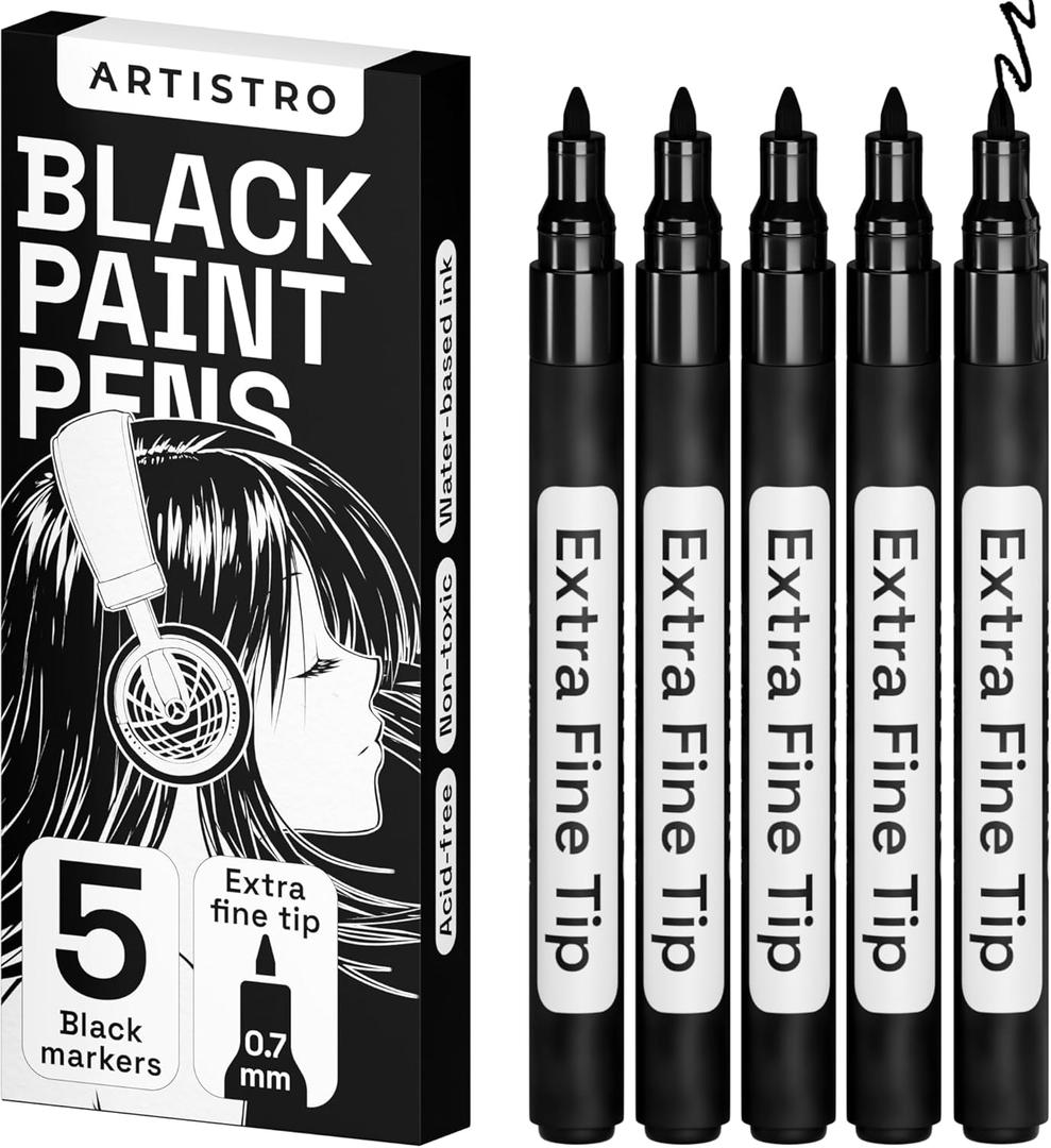 ARTISTRO Black Paint Pens for Rock Painting, Stone, Ceramic, Glass, Wood, Tire, Fabric, Metal, Canvas. Set of 5 Water Based Black Markers for Acrylic Painting Extra Fine Point Tip