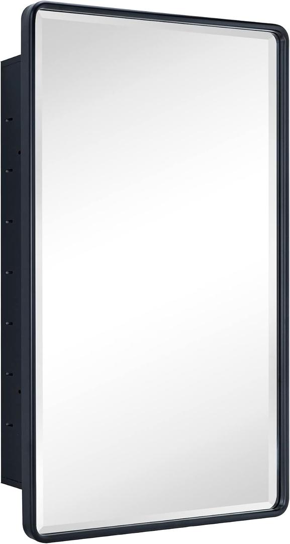 TEHOME Farmhouse Matt Black Recessed Bathroom Medicine Cabinet with Mirror Rounded Rectangle Metal Framed Medicine Cabinet with Beveled Mirror 20x30''