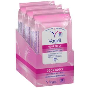 Vagisil Odor Block Daily Freshening Wipes for Feminine Hygiene in Resealable Pouch, Gynecologist Tested & Hypoallergenic, 20 Wipes (Pack of 3) 