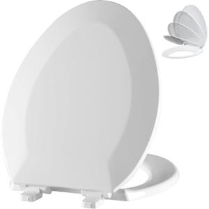 Angol Shiold Elongated Toilet Seat - Slow Close Hinges, Ergonomic Design with Grip-Tight Bumpers, Safe Easy-Clean PP Material (White, 18.5" Elongated)