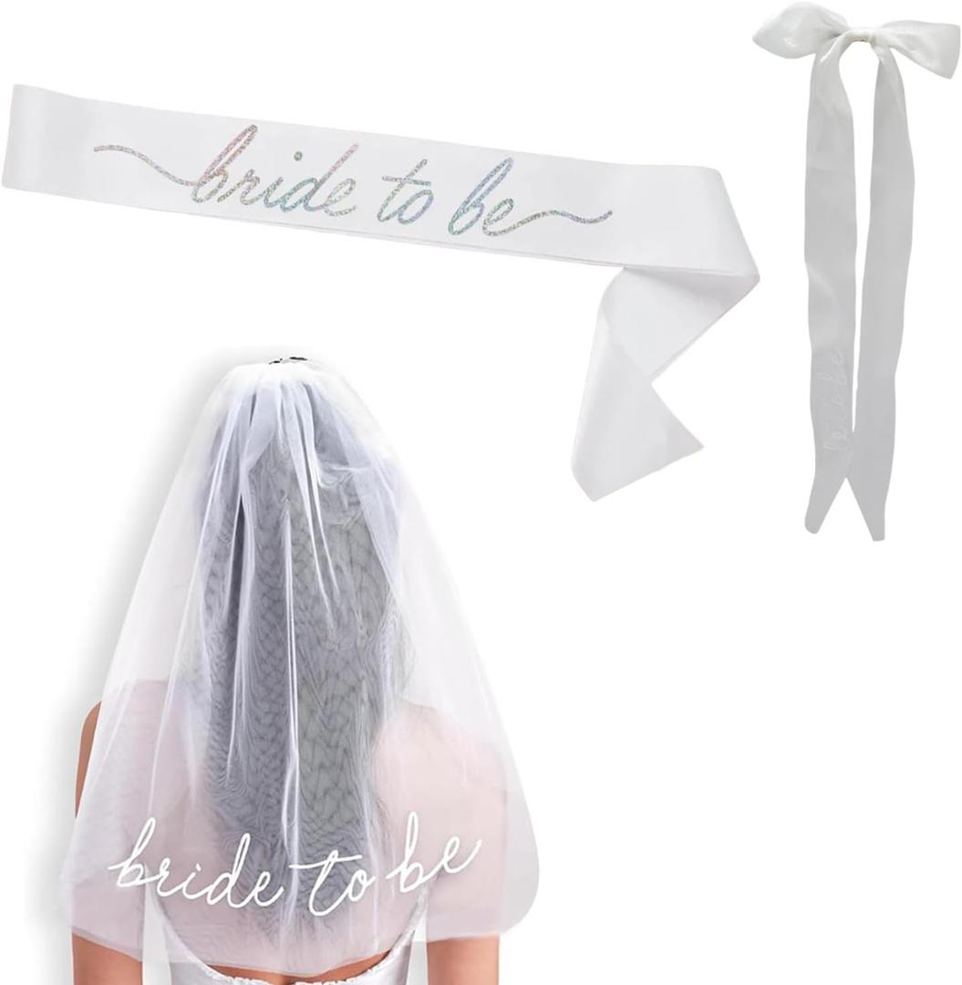 JoyChoi Bachelorette Party Accessories for Bride Bride Sash, Veil & Bow Hair Clip Cute Bridal Shower Decorations, Wedding Outfit Add-Ons & Engagement Favors Gifts (White)