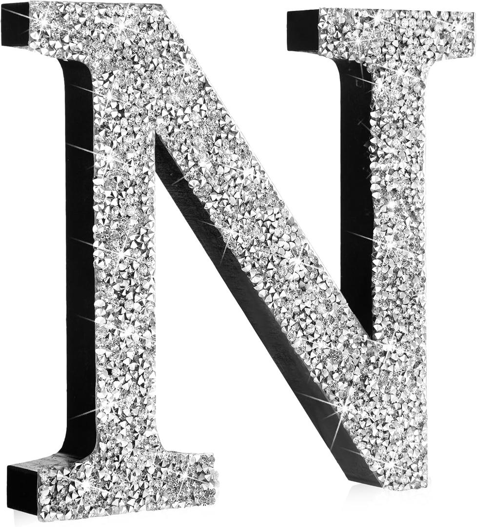 Qunclay Silver Crystal Diamond Bling Letters Crushed Diamond Decoration Wooden Glitter Letter with Screw and Hooks Rhinestone Gift for Valentine Y2k Mcbling Bedroom Wall Decor (Letter N, 5.7"l X 5.7"w)
