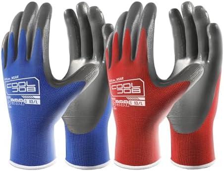 COOLJOB 10 Pairs Nitrile Dipped Safety Work Gloves with Grip, Non-slip Rubber Coated Bulk Garden Gloves for Men, Heavy-duty Oil Resistant for Truck Driver, Warehouse Box Handler, Medium, Red Blue