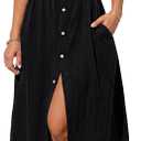 LILLUSORY Summer Long Shirt Dresses for Women 2026 Beach Vacation Outfits Casual Button Down Short Sleeve Swimsuit Coverup (Black, Large)