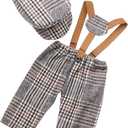 Newborn Monthly Baby Photo Props Stripe Checked Flat Cap Newsboy Suspender Pants Romper for Photography Outfits (Brown, XS)