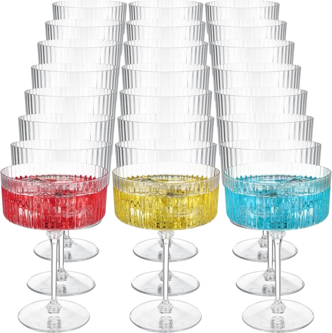 Jingmore 24 Pcs Ribbed Martini Glasses 10 oz Disposable Plastic Vintage Ribbed Coupe Glasses Unbreakable Dessert Parfait Glassware for Wedding Birthday Party Supplies (Clear)