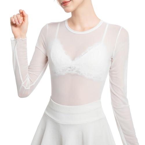 Women's Long Sleeve Sheer Mesh Tops Sexy Crewneck See Though Lace Shirts Layering Fishnet Undershirts Slim Fitted(White, X-Large)