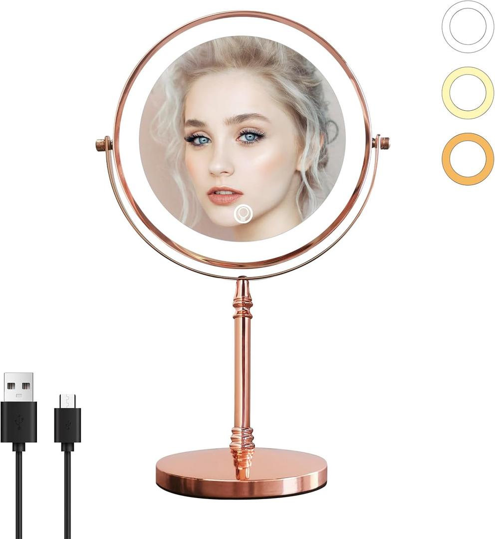 Nicesail 1X/10X Magnifying Mirror with 3 Color Dimmable Lighting, Makeup Mirrors Light up and Magnified with 360 Rotation for Table, Rose Gold(8 Inch, 10X Magnification)