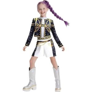 Girls Halloween Costume, Black and Yellow Polyester Top and Pants Set for Cosplay Events and Parties, Size 120