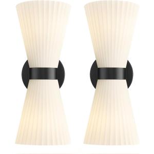 Black Wall Sconces Set of Two, HWH Modern Wall Light Fixtures Indoor Wall Lamp Up and Down, Matte Black Finish with Frosted Milk White Striped Glass Shade, 5HZG97B-2W-2PK BK