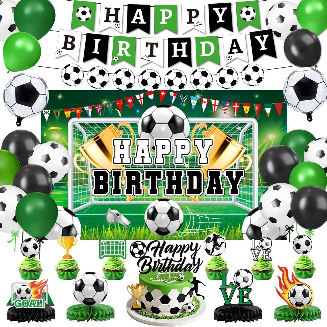 Soccer Birthday Party Decorations Includes Banner, Backdrop, Foil & Latex Balloons, Cake & Cupcake Toppers, Honeycomb Centerpieces for Boy Soccer Themed Party Decorations