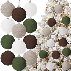 12 Pcs 4 Inch Large Farmhouse Christmas Ball Ornaments Jumbo Big Boho Jute Rope Hanging Burlap Neutral Rustic Ornament for Xmas Tree Wreath Garland Wedding(White, Brown, Camel, Green)