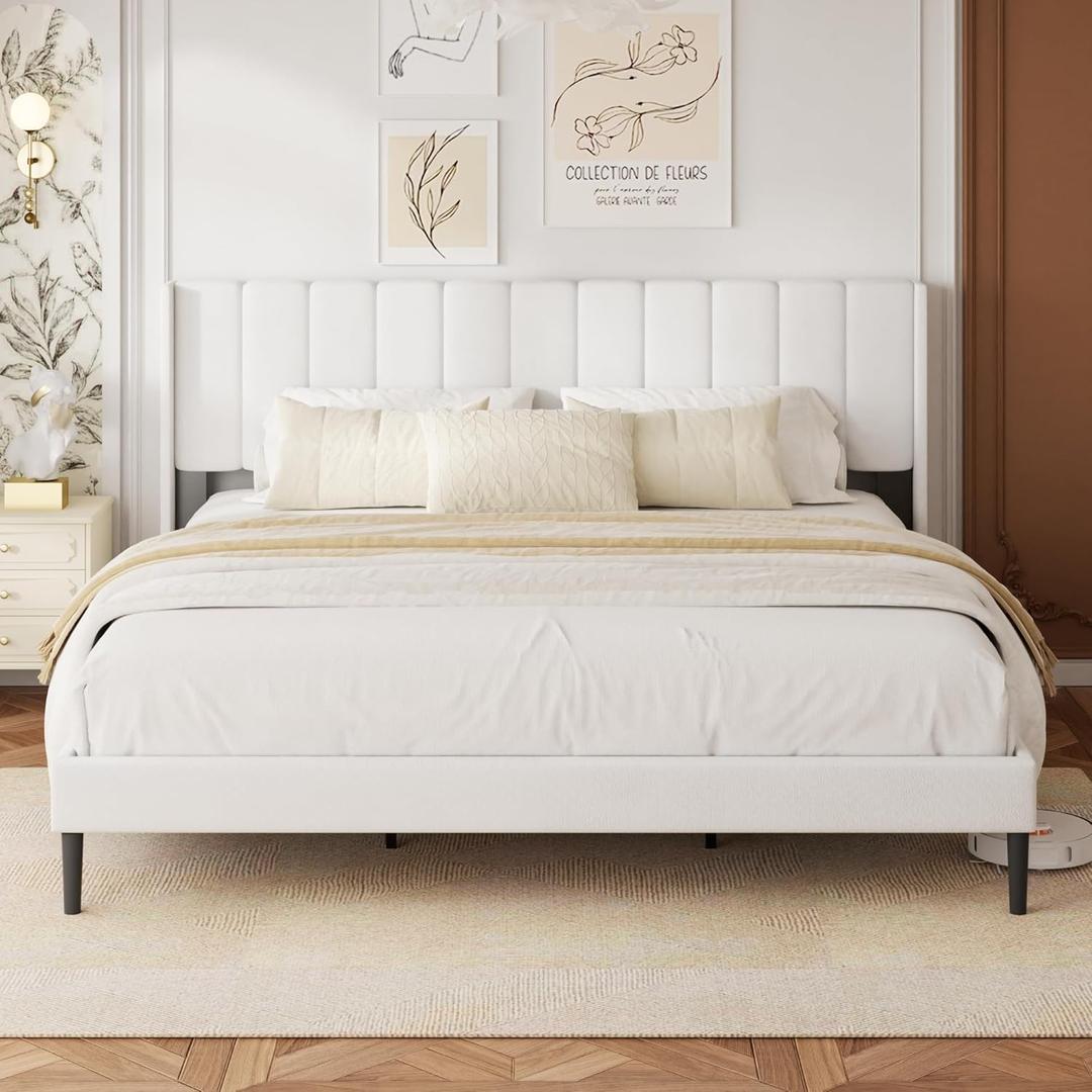 King Size Velvet Bed Frame and Vertical Chanel Tufted Headboard, Upholstered Platform Bed wtih Wingback, No Box Spring Needed, Strong Wooden Slats, White King Size Velvet Bed Frame and Vertical Chanel Tufted Headboard, Upholstered Platform Bed wtih Wingback, No Box Spring Needed, Strong Wooden Slats, White