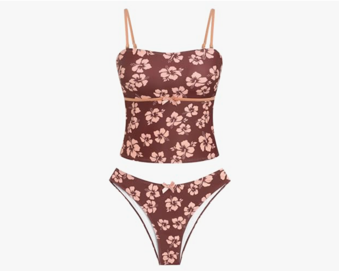 ZAFUL Tankini Swimsuits for Women Bow Tie Side Bathing Suits Tummy Control High Cut Two Piece Bikini Sets, L