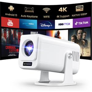 [Built-in Apps ] Mini Projector with WiFi and Bluetooth, Native 1080P Smart Projector 4K Support, Auto Keystone, Android 13 , Portable Outdoor Movie Projector Compatible with HDMI/USB/TV Stick/Laptop