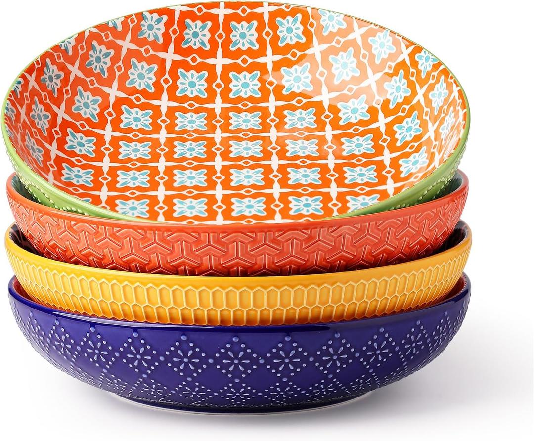 Ceramic Pasta Bowls, 40 Oz Large Salad Bowls, 8.75'' Wide and Shallow Bowls for Kitchen, Serving Bowls and Plates Set, Dishwasher & Microwave Safe, Set of 4 (Vibrant Colors)