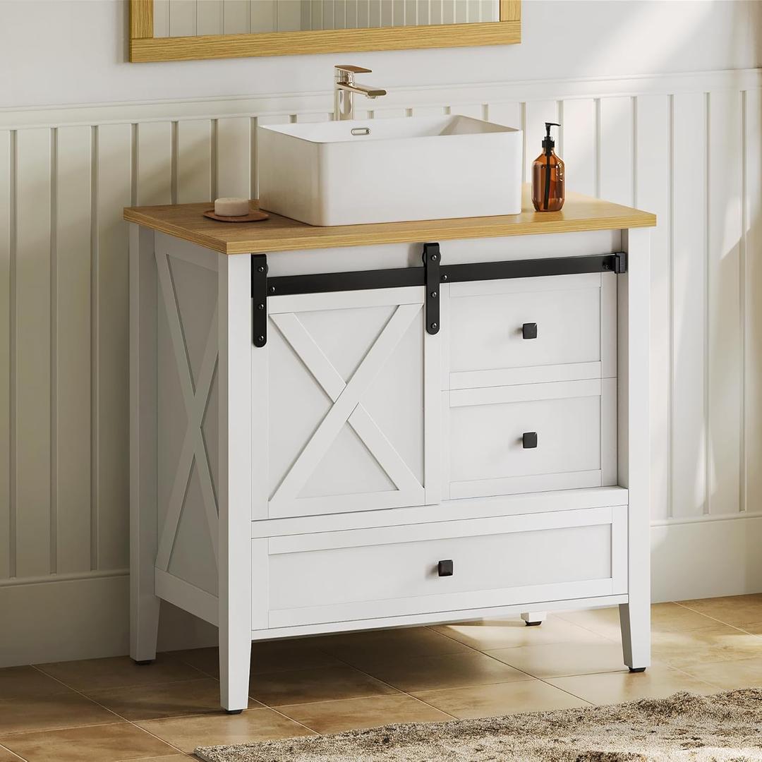 DWVO 36" Farmhouse Bathroom Vanity with Sink Combo, Barn Door Bathroom Storage Cabinet with Sliding Door & 3 Drawers, Ceramic Vessel Sink Top, White