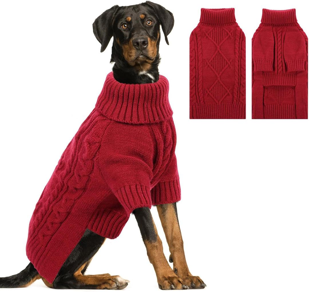 ASENKU Knitted Dog Sweater, Pullover Big Thermal Dog Winter Sweater, Turtleneck Doggy Sweaters for Large Medium Dogs Boy Girl,Warm Pet Sweatshirt for Labrador,Golden Retriever,2XL (Red)