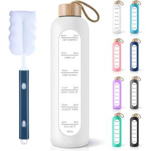 PROBTTL 32 Oz Borosilicate Glass Water Bottle with Time Marker Reminder Quotes, 1 Liter Leak Proof Reusable BPA Free Motivational Water Bottles with Silicone Sleeve and Bamboo Lid (White)